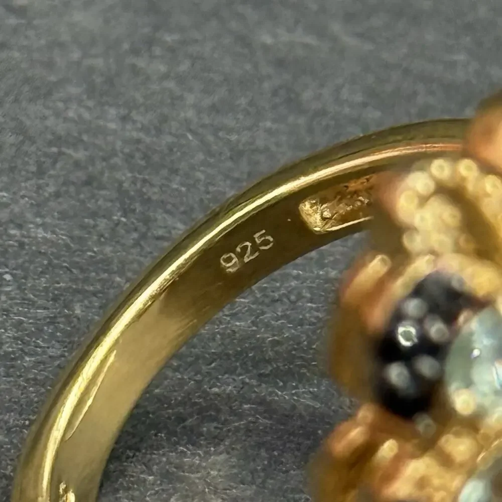 Signed STS 925 Sterling Silver Gold Plated Dual Butterfly Cocktail Ring Size 9